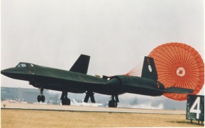 Lockheed SR-71 landing with drag chute (S/N 61-7972). (U.S. Air Force photo)